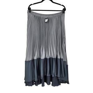 NWT Club Monaco Pleated Flounce Gray Blue Colorblock Satin Midi Skirt Size XL